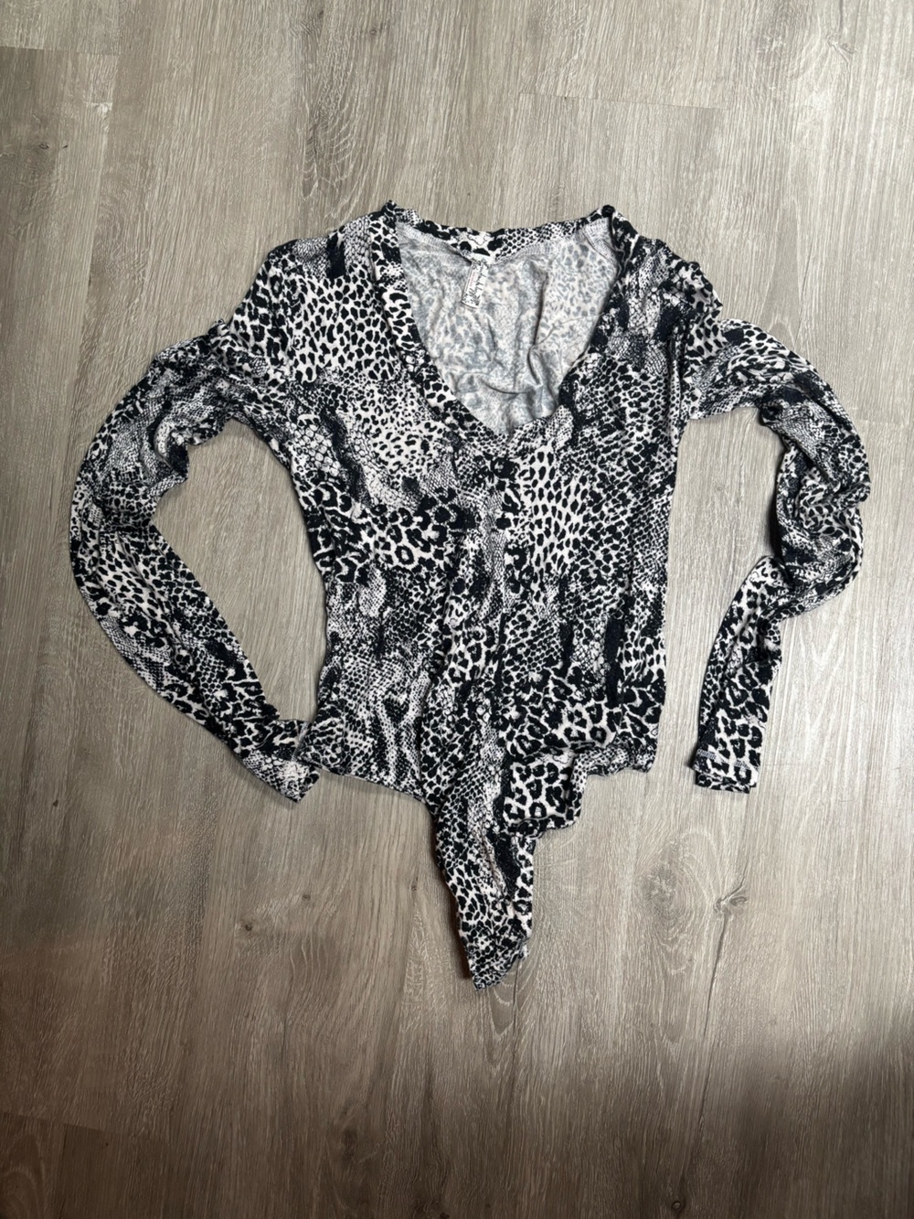 Free People Black & White Animal Print Long Sleeve Bodysuit
